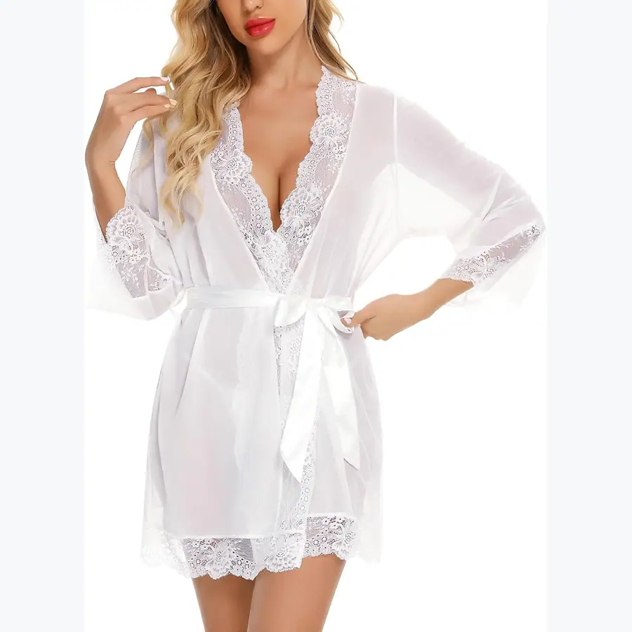 RSLOVE Women Lace Kimono Robe Babydoll Chemise Lingerie Bride Robe for Wedding Party