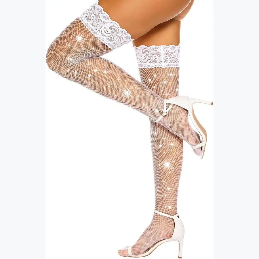 RSLOVE Women Sexy Thigh High Stocking Sparkly Rhinestone Fishnets Lace Top Silicone Socks