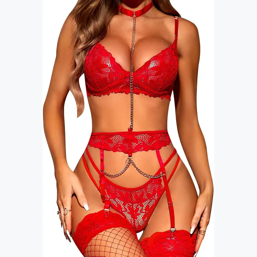 RSLOVE Women's Lingerie Sets with Garter Belt 3 Piece Sexy Lace High Waist Bra