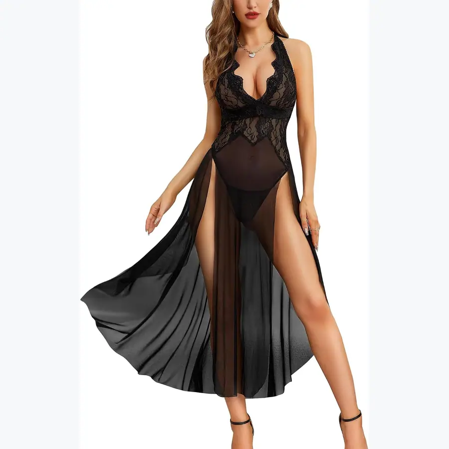 RSLOVE Women's Lace Babydoll Nightgown Mesh Chemise Sleepwear V Neck Nightdress